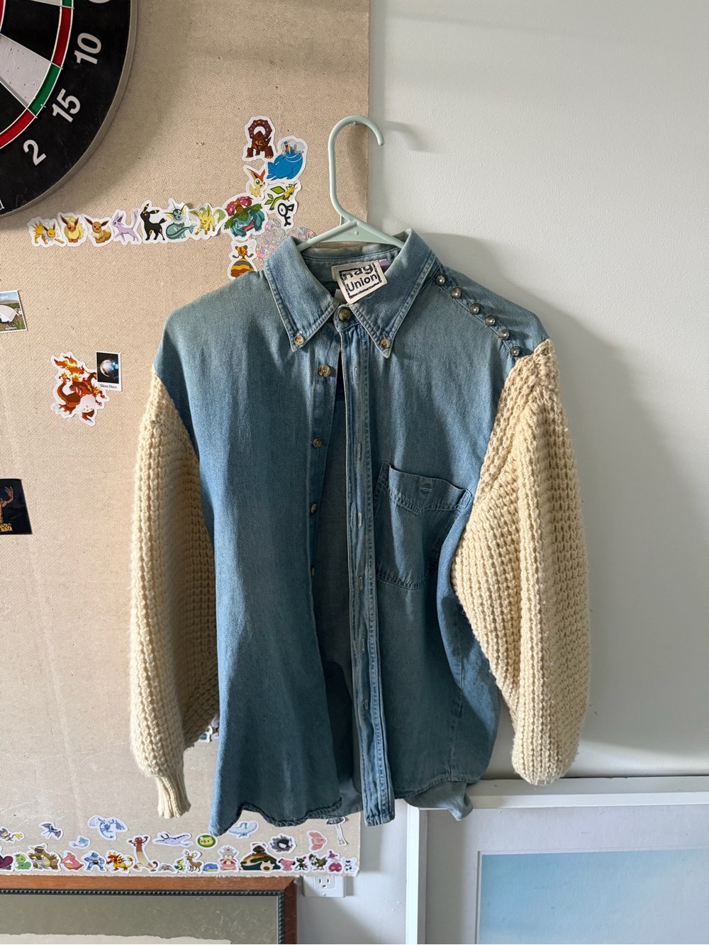 Rag Union Denim Button-Down with Cream Knit Sleeves